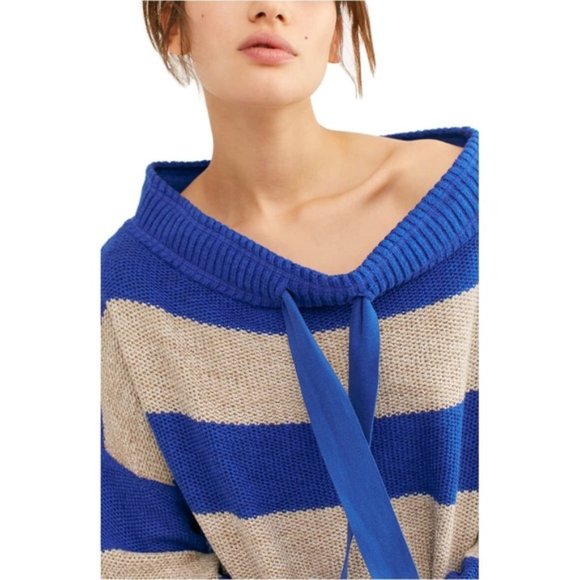 Free People Blue Stripe Off-Shoulder Pullover S - Picture 2 of 8